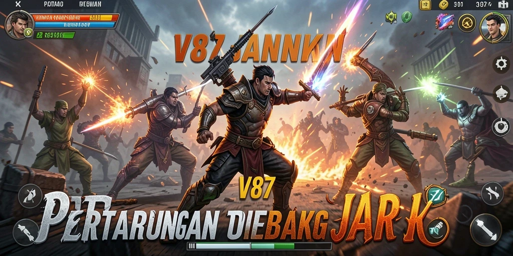 Screenshot utama V87 menampilkan aksi pertarungan sengit dengan karakter unik.